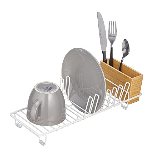 mDesign Abtropfgestell aus Metall – Abtropfablage für die Küchentheke, Arbeitsplatte oder Spüle – mit Besteckhalter aus Bambus – weiß und naturfarben von mDesign