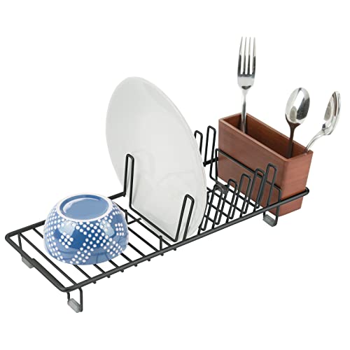 mDesign Abtropfgestell aus Metall – Abtropfablage für die Küchentheke, Arbeitsplatte oder Spüle – mit dreiteiligem Besteckhalter aus Bambus – schwarz und Bambus kirschholzfarben von mDesign