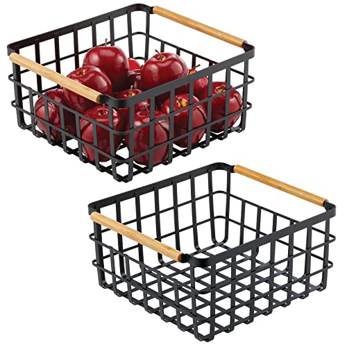 mDesign Allzweckkorb aus Metall – Aufbewahrungskorb für Küche, Vorratskammer etc. – großer und universeller Drahtkorb mit Bambusgriffen – 2er-Set – mattschwarz/bambusfarben von mDesign