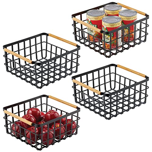 mDesign Allzweckkorb aus Metall – Aufbewahrungskorb für Küche, Vorratskammer etc. – kompakter und universeller Drahtkorb mit integrierten Bambusgriffen – 4er-Set – mattschwarz von mDesign