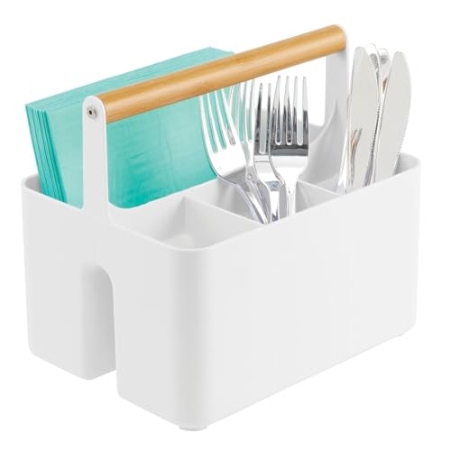 mDesign Aufbewahrungskorb für die Küche – tragbare Aufbewahrungsbox aus Kunststoff mit Holzgriff – mit 4 Fächern ideal als Besteck- und Serviettenhalter – weiß und naturfarben mDesign Aufbewahrungskorb für die Küche – tragbare Aufbewahrungsbox aus Kunststoff mit Holzgriff – mit 4 Fächern ideal als Besteck- und Serviettenhalter – weiß und naturfarben von mDesign