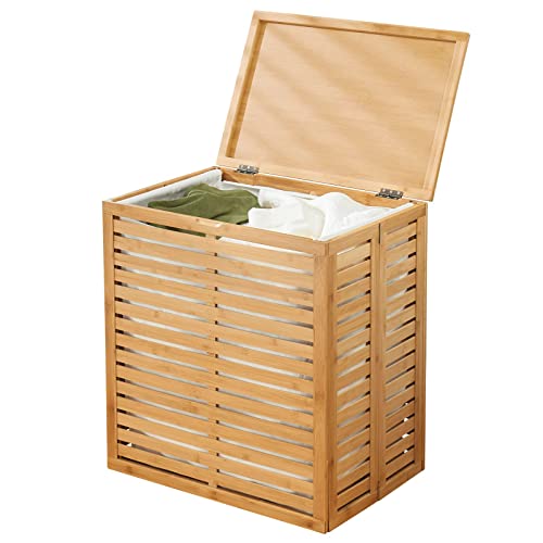 mDesign Bambus Wäschesortierer – faltbarer Wäschekorb mit herausnehmbarem Wäschesack – tragbarer Wäschesammler für das Bad oder Schlafzimmer – bambusfarben von mDesign