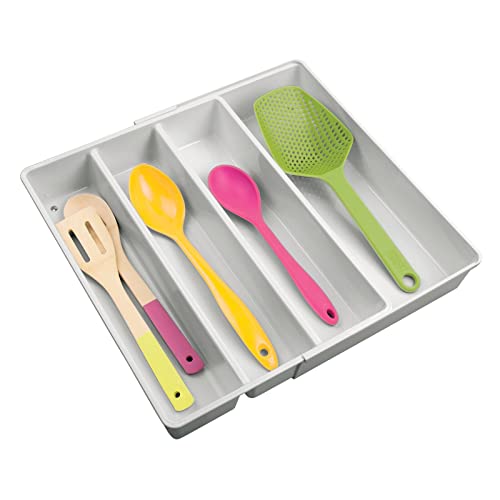 mDesign Besteckkasten mit vier Fächern – ausziehbarer Besteckeinsatz für Schubladen ordnet Küchenutensilien – Schubladen Organizer für diverse Utensilien – hellgrau von mDesign