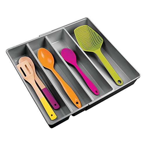 mDesign Besteckkasten mit vier Fächern – ausziehbarer Besteckeinsatz für Schubladen ordnet Küchenutensilien – Schubladenorganizer für diverse Utensilien – dunkelgrau von mDesign