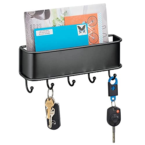 mDesign Briefablage mit mehreren Schlüsselhaken – Wandorganizer für Post, Schlüssel, Handys, Hundeleinen usw. – Schlüsselbrett mit Ablage aus Metall – schwarz von mDesign