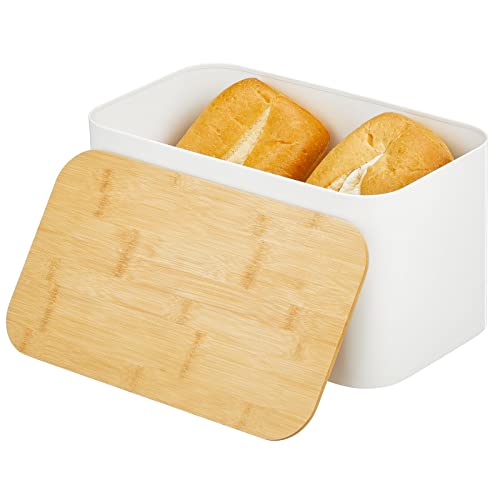 mDesign Brotkasten aus Metall – Brotbox mit Deckel aus Bambus zum luftdichten Verschließen – stilvolle und extra große Brotaufbewahrung – mattweiß und bambusfarben von mDesign