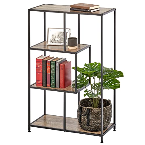 mDesign Bücherregal mit 4 Ebenen – kleines Bücherregal aus Metall und Holz – modernes Holzregal im Industriestil, ideal für Bücher, Dekoration und mehr – Schwarz/Grau von mDesign
