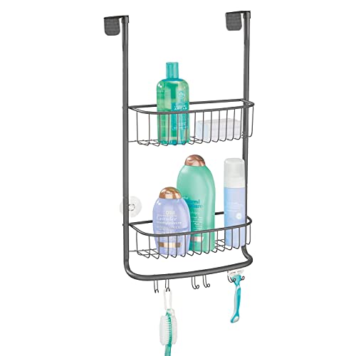 mDesign Duschablage zum Hängen – praktisches Duschregal ohne Bohren aus rostfreiem Metall – 2 Duschkörbe zum Hängen mit 6 Haken für Duschzubehör und Handtuchhalter – grau von mDesign