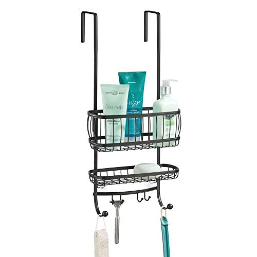 mDesign Duschablage zum Hängen über die Duschtür - praktisches Duschregal ohne Bohren - mit Saugnäpfen und 4 Haken - Duschkorb zum Hängen für Shampoo, Rasierer und Co. aus Metall - mattschwarz von mDesign