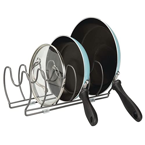 mDesign Geschirrablage für Kochtöpfe, Deckel und Pfannen – kompakter Topfdeckelhalter für den Küchenschrank – platzsparender Ständer für Kochgeschirr aus Metall – graphitfarben von mDesign