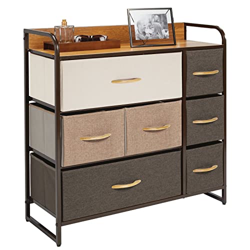 mDesign Kommode mit 7 Schubladen – breiter Schubladenschrank für Schlafzimmer, Wohnzimmer oder Flur – Kleiderkommode aus Metall, MDF und Stoff – mehrfarbig und braun von mDesign