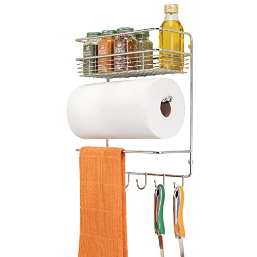mDesign Küchenrollenhalter – platzsparender Papierrollenhalter zur Wandmontage mit integriertem Gewürzregal aus Metall – praktischer Küchenhelfer – silberfarben von mDesign