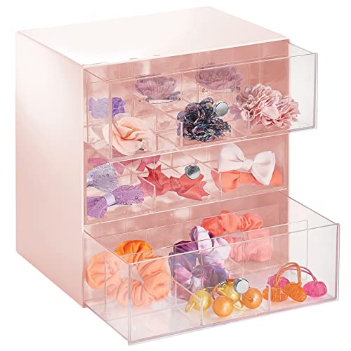 mDesign Schubladen Organizer für Wattepads, Haaraccessoires, Schminke usw. – Kosmetik Aufbewahrung mit 3 Schubladen aus Kunststoff – Aufbewahrungsbox mit 27 Fächern – hellrosa und durchsichtig von mDesign