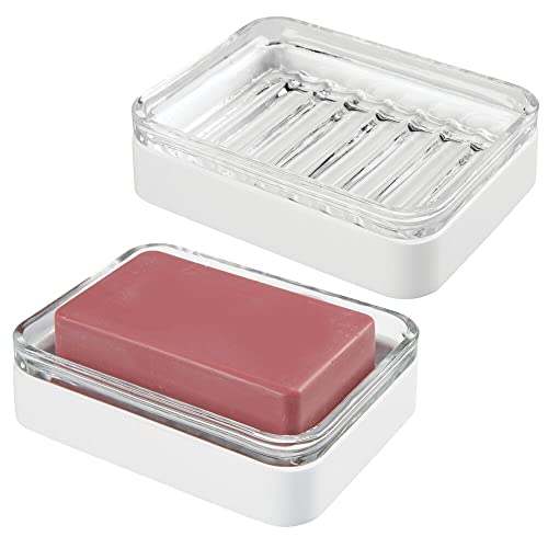 mDesign Seifenschale aus Bambus und Glas (2er Set) - Seifenschale praktisch und umweltfreundlich - Seifenschale für Bad oder Küche - transparent/weiß von mDesign