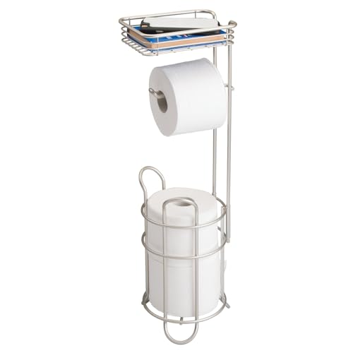 mDesign Toilettenpapierhalter – eleganter Papierrollenhalter aus Metall – WC-Rollen-Halter mit Regal – praktische Aufbewahrung fürs Badezimmer – mattsilber von mDesign