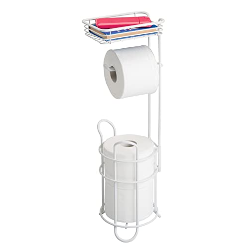 mDesign Toilettenpapierhalter – eleganter Papierrollenhalter aus Metall – WC-Rollen-Halter mit Regal – praktische Aufbewahrung fürs Badezimmer – mattweiß von mDesign
