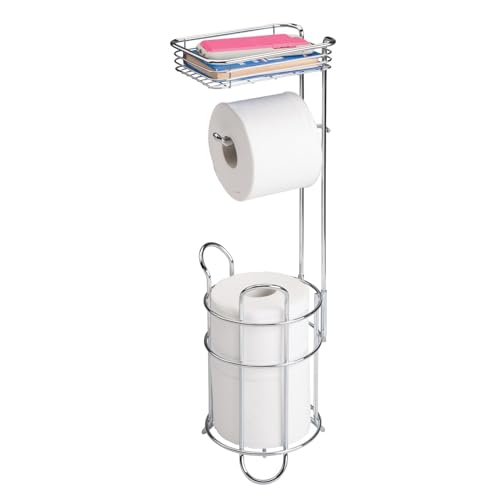 mDesign Toilettenpapierhalter – eleganter Papierrollenhalter aus Metall – WC-Rollen-Halter mit Regal – praktische Aufbewahrung fürs Badezimmer – Silber von mDesign