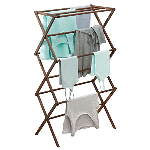 mDesign Wäscheständer aus Bambus – ausziehbarer Turmtrockner mit 3 Ebenen – platzsparender Standtrockner in modernem Design – dunkelbraun von mDesign