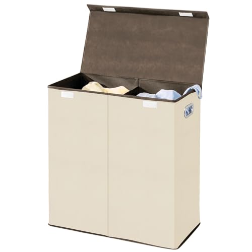 mDesign Wäschetruhe aus atmungsaktivem Polypropylen mit 2 Fächern – Design Wäschekorb für Bad/Schlafzimmer – faltbare Wäschetonne mit Deckel und Griff – cremefarben mit espressofarbener Zierleiste von mDesign