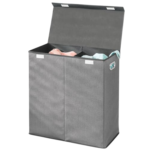mDesign Wäschetruhe aus atmungsaktivem Polypropylen mit 2 Fächern – Design Wäschekorb für Waschküche, Bad oder Schlafzimmer – faltbare Wäschetonne mit Deckel und Griff – grau mit schwarzer Zierleiste von mDesign