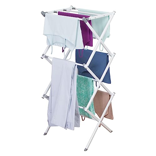 mDesign ausziehbarer Turmwäscheständer – Wäscheständer mit 3 Ebenen für Wäscheküche & Haushaltsraum – platzsparender Wäscheturm aus robustem Metall mit Kunststoffstangen – weiß von mDesign