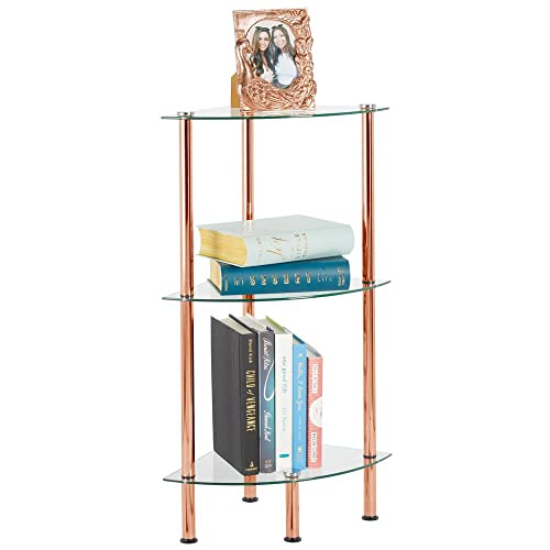 mDesign modernes Glasregal – stilvolles Eckregal aus Glas mit 3 Ebenen – elegantes Ablageregal für Badezimmer, Büro oder Wohnzimmer – rotgold und durchsichtig von mDesign