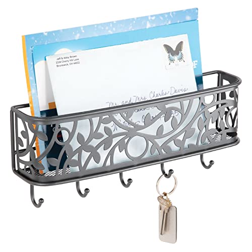 mDesign praktische Briefablage mit Korb für Flur und Küche – kompaktes Schlüsselboard mit 1 Fach für Post und 5 Haken – wandmontiertes Schlüsselbrett aus Metall – grau von mDesign