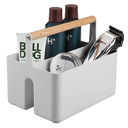 mDesign tragbarer Badezimmer Aufbewahrungsbox – Korb mit Griff zur Kosmetikaufbewahrung – Bad Organizer mit zwei Fächern – grau und naturbelassen von mDesign
