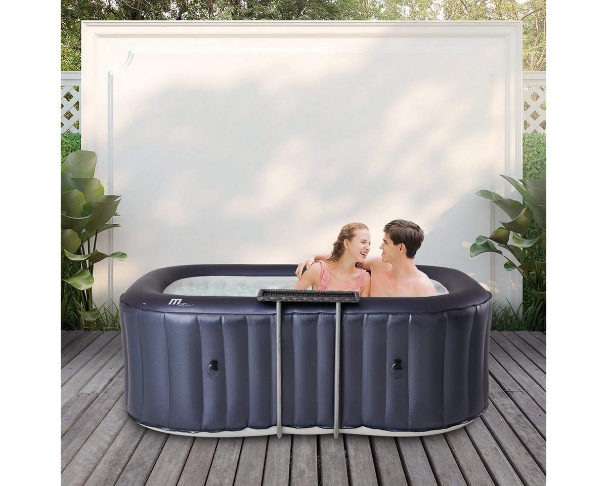 mSpa Whirlpool aufblasbar Urban Nest U-NE021 für 2 Personen mit Rattan-Tisch, (Outdoor Indoor Luxus Garten Pool - inkl. Wärmeschutzabdeckung - UV-C Filter - 40 ° C Schnellheizsystem - Winterfest, 5-tlg., Sitzpolster - 6-Schicht-PVC - LED Fernbedienung - Selbstaufblasbar), Pool Viereckig - Jacuzzi Bubble Spa - Ozongenerator - 104 Luftdüsen von mSpa