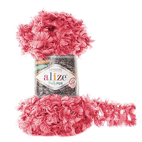 100g Strickgarn ALIZE Puffy Fur Uni, Fransenstrickgarn Fingerstrick-Wolle ohne Nadel Farbwahl, Farbe:6115 pink von maDDma