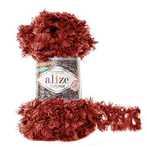 100g Strickgarn ALIZE Puffy Fur Uni, Fransenstrickgarn Fingerstrick-Wolle ohne Nadel Farbwahl, Farbe:6118 terra von maDDma