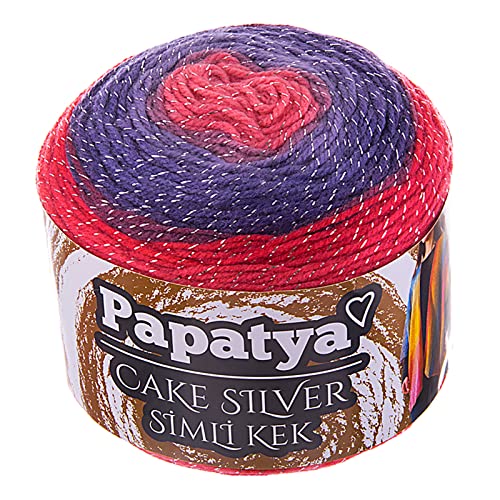 150g Papatya Cake Silver mit Glitzerfaden Bobbel Strickgarn Häkelgarn Farbwahl, Farbe:307 lila-koralle von maDDma