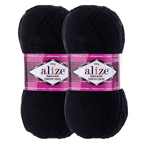 2 x 100g Sockenwolle Superwash Comfort 4-fädig Schurwolle Sockengarn Farbauswahl, Farbe:60 schwarz von maDDma