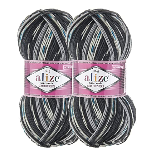 2 x 100g Sockenwolle Superwash Comfort 4-fädig Schurwolle Sockengarn Farbauswahl, Farbe:7650 anthrazit grau blau creme 2 x 100g Sockenwolle Superwash Comfort 4-fädig Schurwolle Sockengarn Farbauswahl, Farbe:7650 anthrazit grau blau creme von maDDma