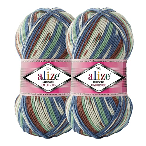 2 x 100g Sockenwolle Superwash Comfort 4-fädig Schurwolle Sockengarn Farbauswahl, Farbe:7653 weiß grün blau braun von maDDma