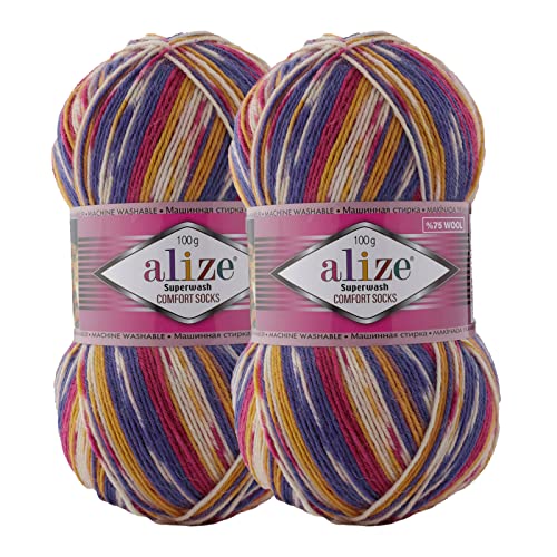 2 x 100g Sockenwolle Superwash Comfort 4-fädig Schurwolle Sockengarn Farbauswahl, Farbe:7655 weiß lila pink von maDDma