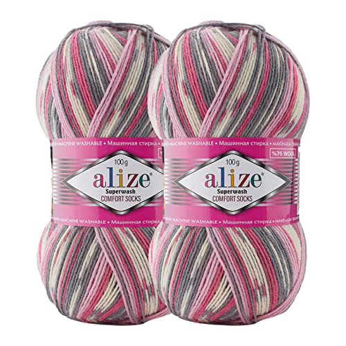 2 x 100g Sockenwolle Superwash Comfort 4-fädig Schurwolle Sockengarn Farbauswahl, Farbe:7707 weiß grau rosa von maDDma