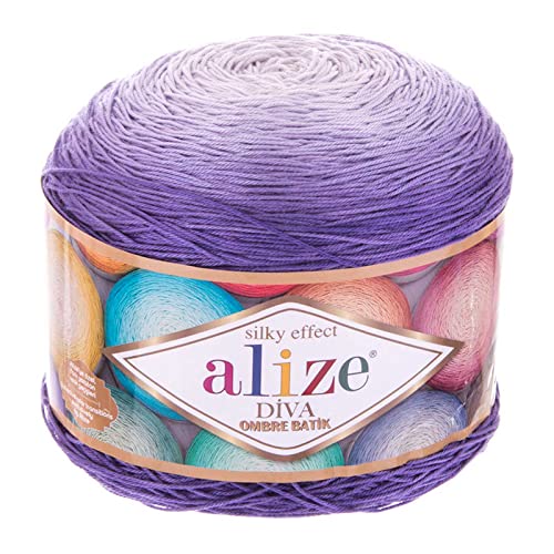 250g Farbverlaufsgarn ALIZE Diva Ombre Batik Bobbel Sommerwolle Strickgarn Häkelgarn Farbwahl, Farbe:7378 lila-weiß von maDDma