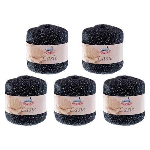 5 Knäuel Häkelgarn Lasie je 150m/50g mit Glitzer Sommergarn Strickgarn Glitzerwolle 15 Farben, Farbe:schwarz von maDDma