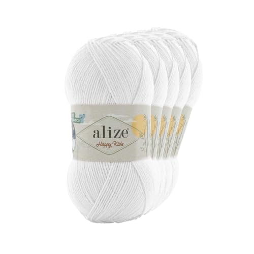 5 x 100g Alize Happy Kids Strickgarn Bambus-Viskose Häkelgarn Oeko-Tex 100 Farbwahl, Farbe:55 weiß von maDDma