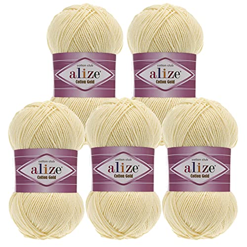 5 x 100g Strickgarn Alize Cotton Gold Uni Klassikgarn Häkelgarn Strick-Wolle Farbwahl, Farbe:01 creme von maDDma