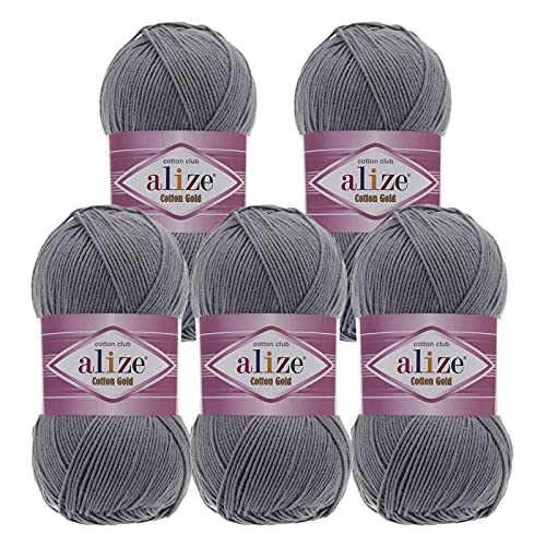 5 x 100g Strickgarn Alize Cotton Gold Uni Klassikgarn Häkelgarn Strick-Wolle Farbwahl, Farbe:87 dunkelgrau von maDDma