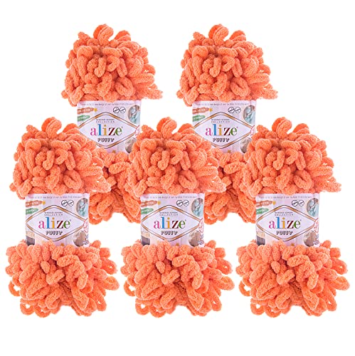 500g Strickgarn ALIZE Puffy Uni, stricken ohne Nadeln auch für Anfänger geeignet, Farbe:34 koralle von maDDma