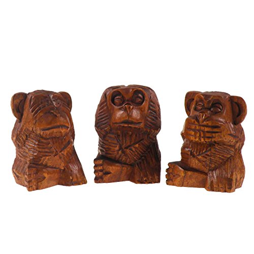 maDDma 3 Weise Affen, Nichts hören, sehen, Sagen, Soar-Holz, ca. 10 cm handeschnitzt, Farbe:rotbraun von maDDma