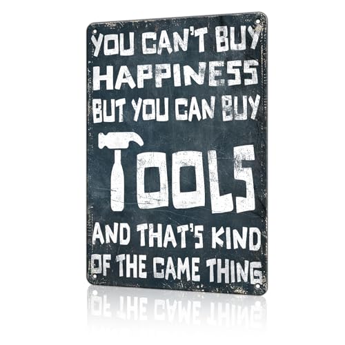 macago Garagenschild Money Can't Buy Happiness But It Can Buy Tools Lustiges Metall-Blechschild Männerhöhle Garagendekoration 20,3 x 30,5 cm von macago