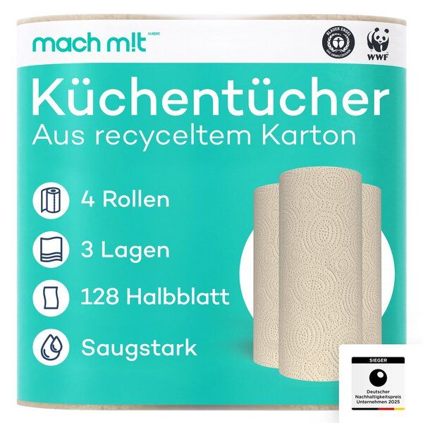 mach m!t 4. oder 32 x Küchenrolle 3-lagig - 128 Halbblatt pro Rolle – frei von Bleichmitteln – Made in Germany - aus recyceltem Karton mach m!t 4. oder 32 x Küchenrolle 3-lagig - 128 Halbblatt pro Rolle – frei von Bleichmitteln – Made in Germany - aus recyceltem Karton von mach m!t