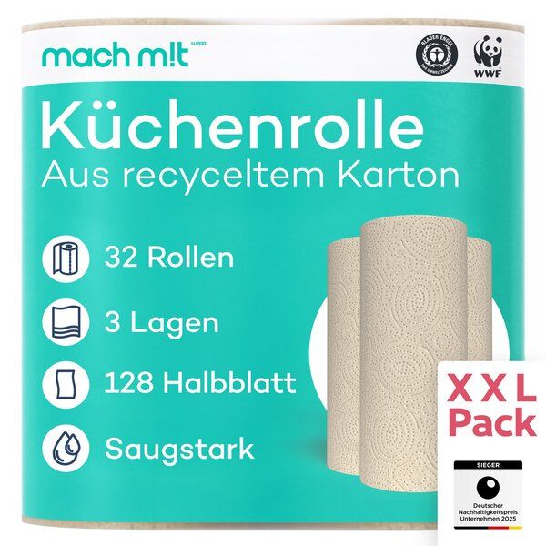 mach m!t 4. oder 32 x Küchenrolle 3-lagig - 128 Halbblatt pro Rolle – frei von Bleichmitteln – Made in Germany - aus recyceltem Karton mach m!t 4. oder 32 x Küchenrolle 3-lagig - 128 Halbblatt pro Rolle – frei von Bleichmitteln – Made in Germany - aus recyceltem Karton von mach m!t