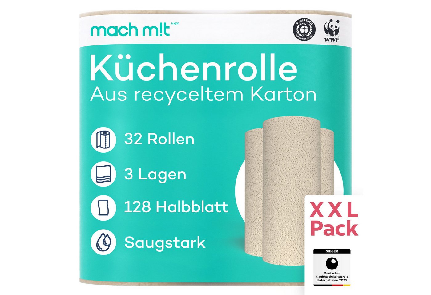 mach m!t Papierküchenrolle 4 o. 32 Rollen - 3-lagig - 128 Blatt (32-St) von mach m!t