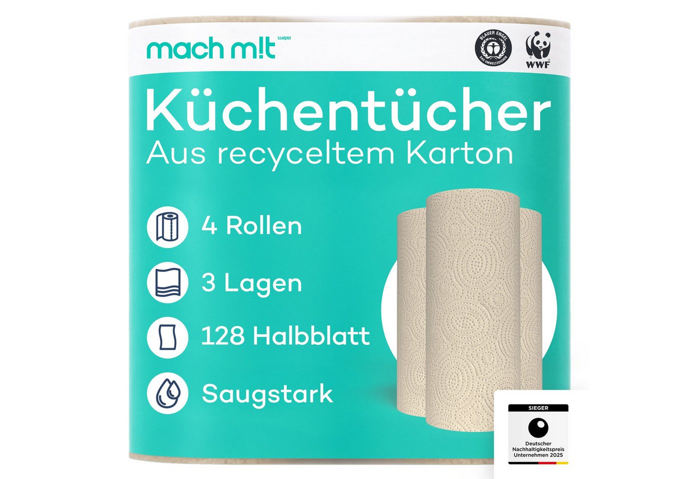 mach m!t Papierküchenrolle 4 o. 32 Rollen - 3-lagig - 128 Blatt (4-St) von mach m!t