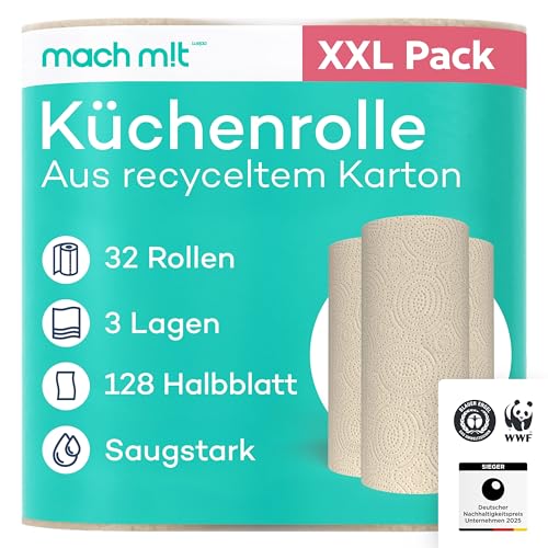 32 x Küchenrolle 3-lagig - 128 Halbblatt pro Rolle – frei von Bleichmitteln – Made in Germany - aus recyceltem Karton – extra saugstark & umweltschonend - recycelbar – Küchenpapier – mach m!t Pure von mach mit wepa